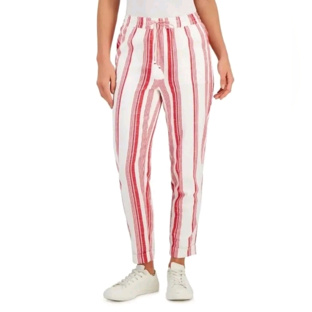 New CHARTER CLUB Intimates White Pocketed Striped Linen Pants PS